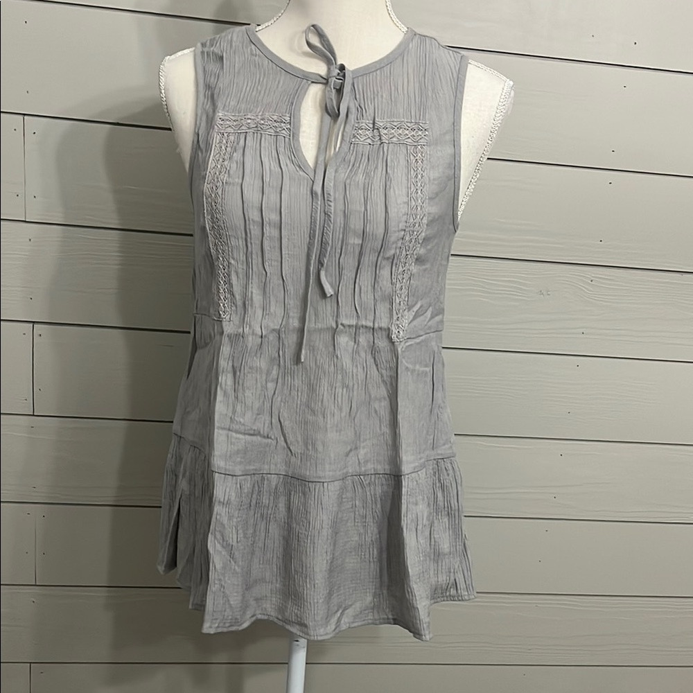 Gray Sleeveless Blouse with Tie Neck